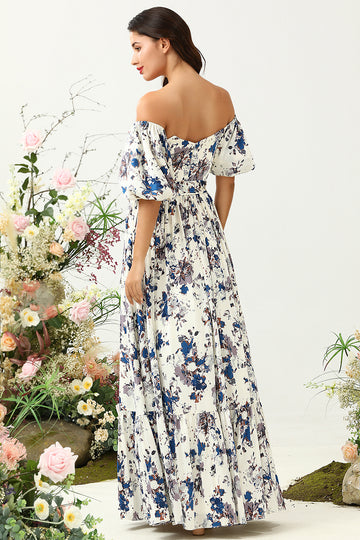 Hvit blå blomst Boho brudepike kjole